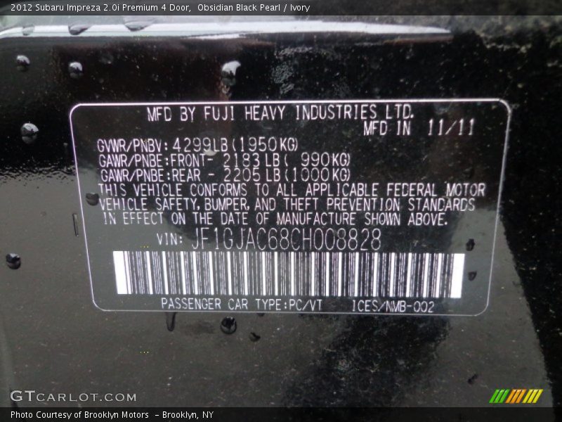 Obsidian Black Pearl / Ivory 2012 Subaru Impreza 2.0i Premium 4 Door