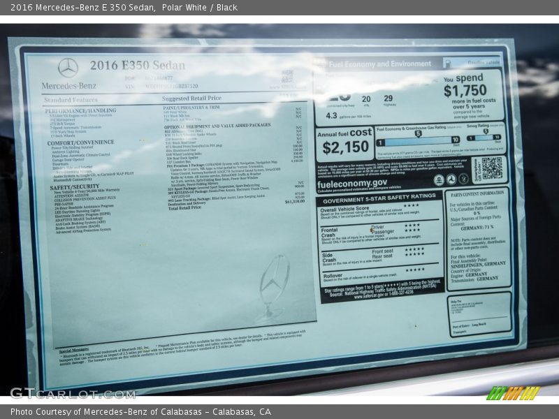 2016 E 350 Sedan Window Sticker