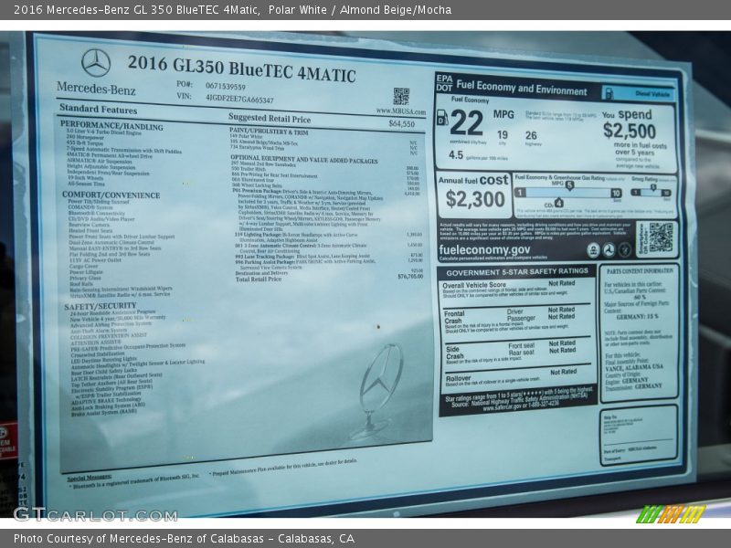  2016 GL 350 BlueTEC 4Matic Window Sticker