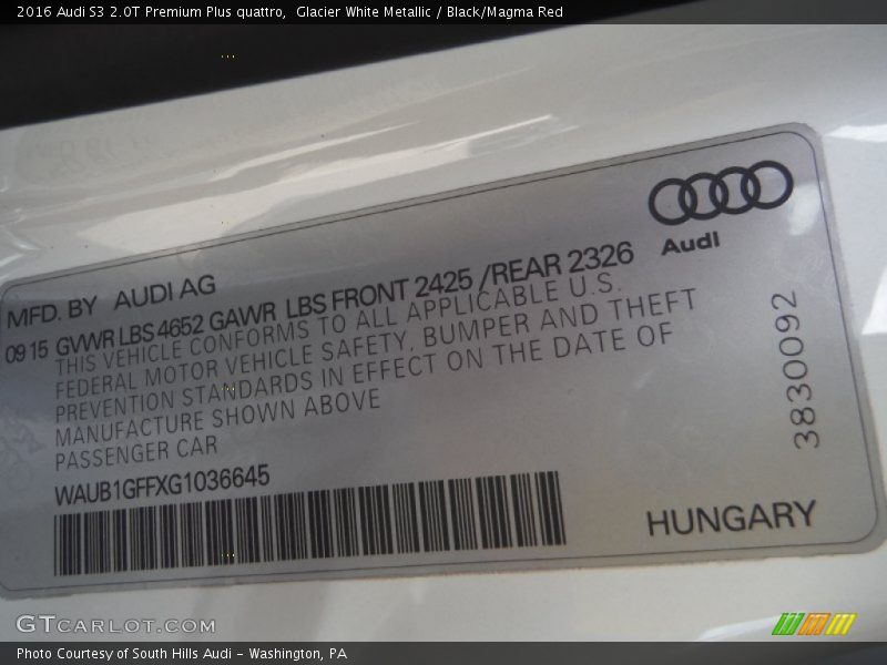 Glacier White Metallic / Black/Magma Red 2016 Audi S3 2.0T Premium Plus quattro