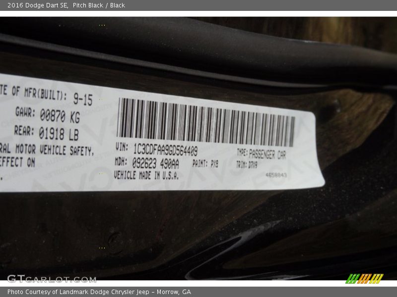 Pitch Black / Black 2016 Dodge Dart SE