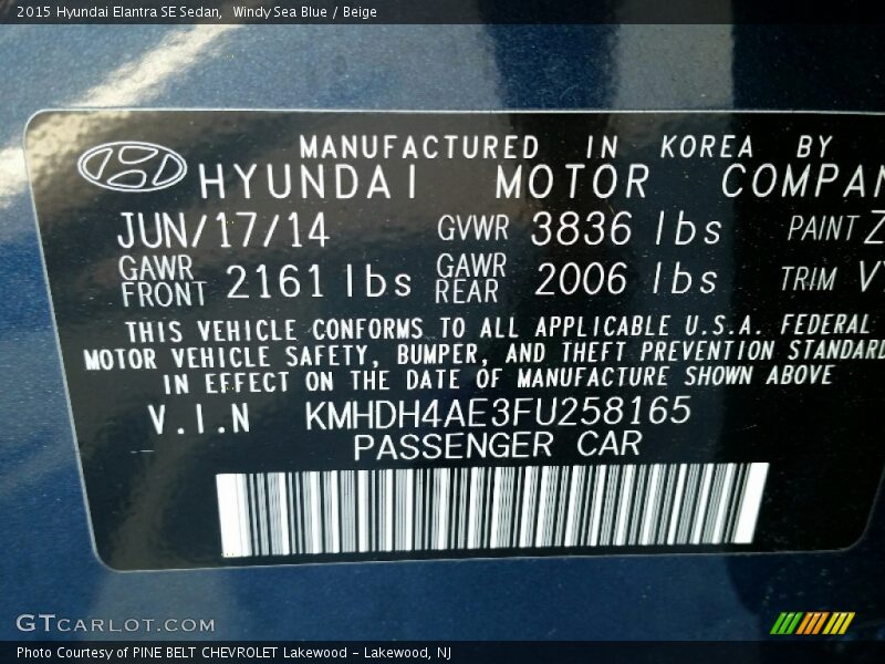 Windy Sea Blue / Beige 2015 Hyundai Elantra SE Sedan