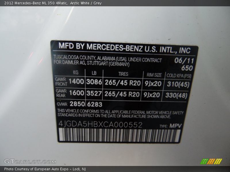 Arctic White / Grey 2012 Mercedes-Benz ML 350 4Matic