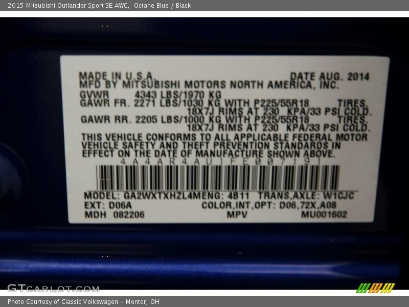 Octane Blue / Black 2015 Mitsubishi Outlander Sport SE AWC