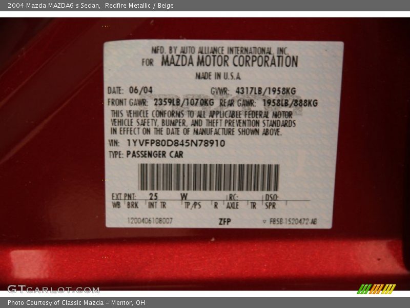 Redfire Metallic / Beige 2004 Mazda MAZDA6 s Sedan
