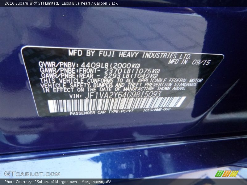 Lapis Blue Pearl / Carbon Black 2016 Subaru WRX STI Limited