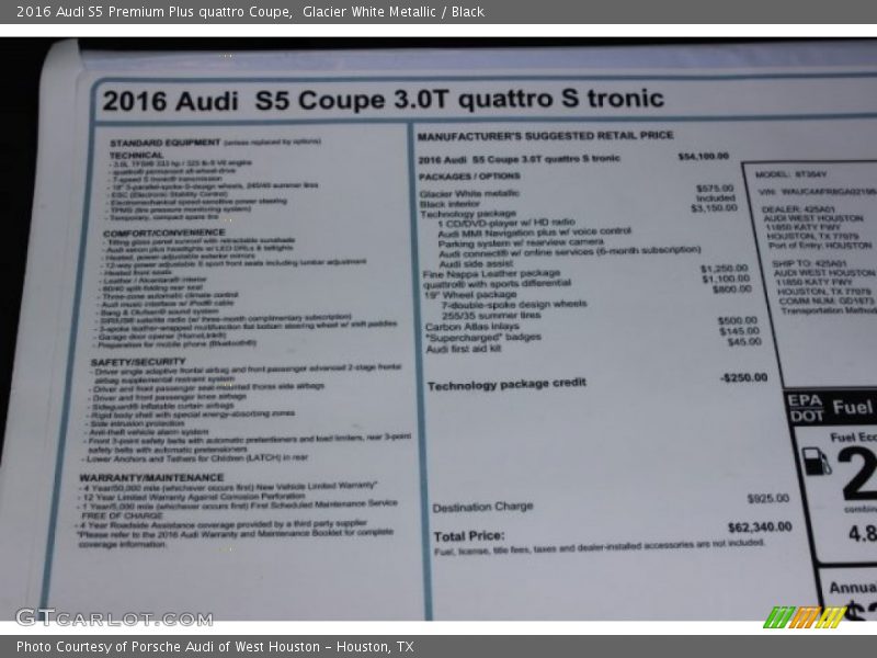  2016 S5 Premium Plus quattro Coupe Window Sticker