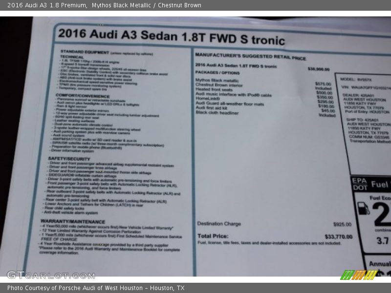  2016 A3 1.8 Premium Window Sticker