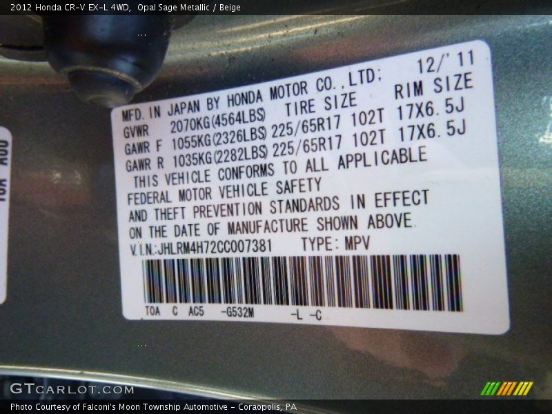 Opal Sage Metallic / Beige 2012 Honda CR-V EX-L 4WD