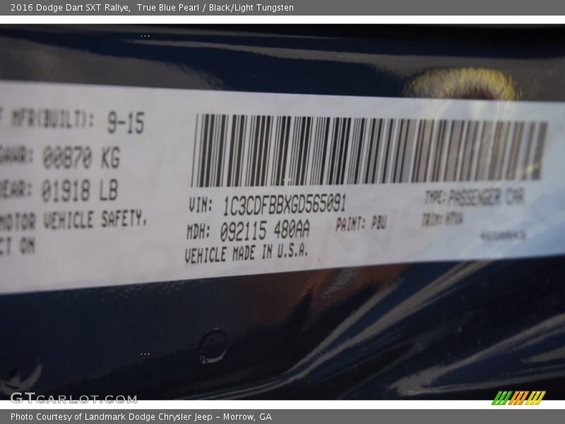 True Blue Pearl / Black/Light Tungsten 2016 Dodge Dart SXT Rallye