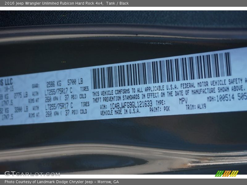 2016 Wrangler Unlimited Rubicon Hard Rock 4x4 Tank Color Code PGK