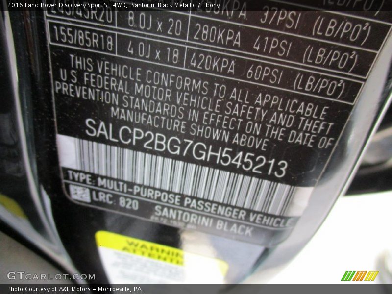 2016 Discovery Sport SE 4WD Santorini Black Metallic Color Code 820