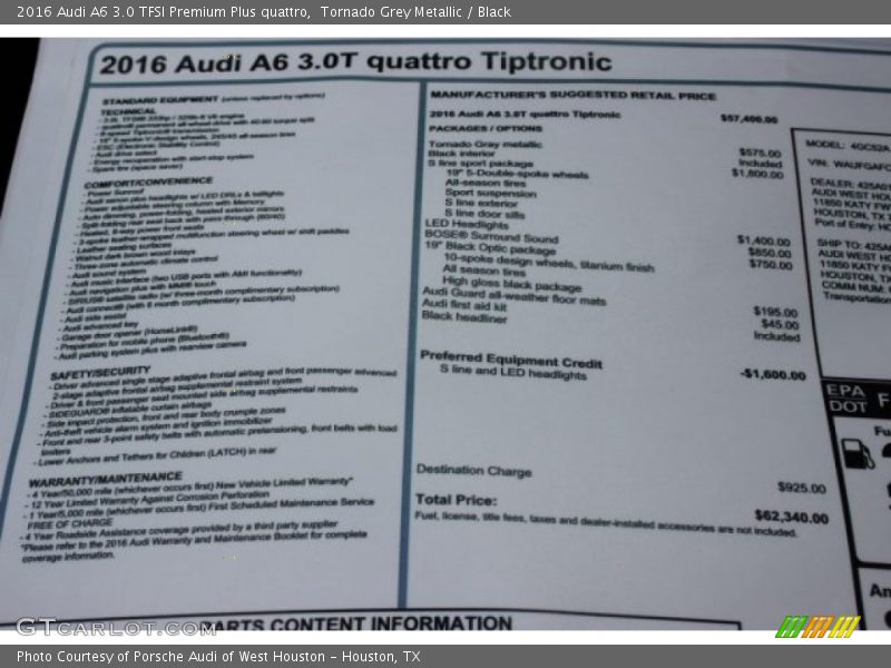 Tornado Grey Metallic / Black 2016 Audi A6 3.0 TFSI Premium Plus quattro