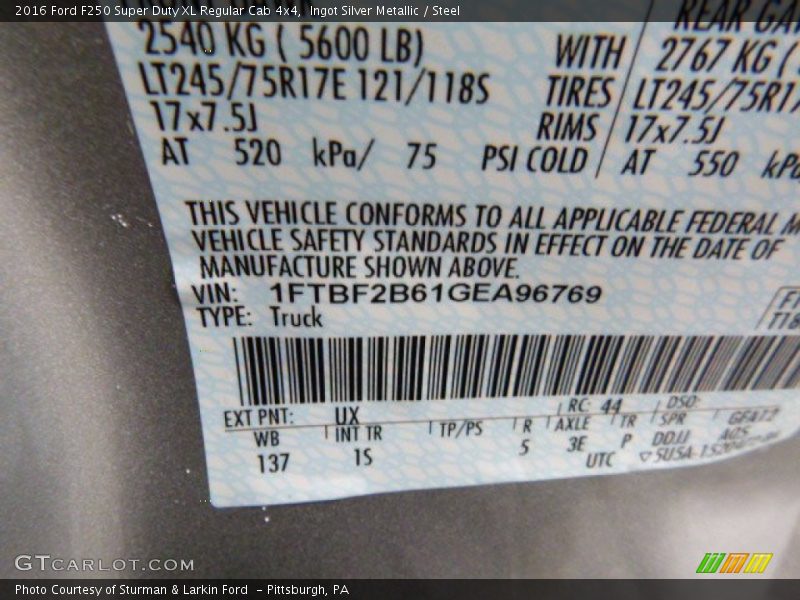 2016 F250 Super Duty XL Regular Cab 4x4 Ingot Silver Metallic Color Code UX