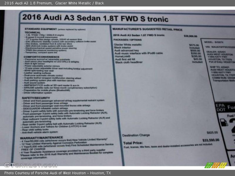 Glacier White Metallic / Black 2016 Audi A3 1.8 Premium