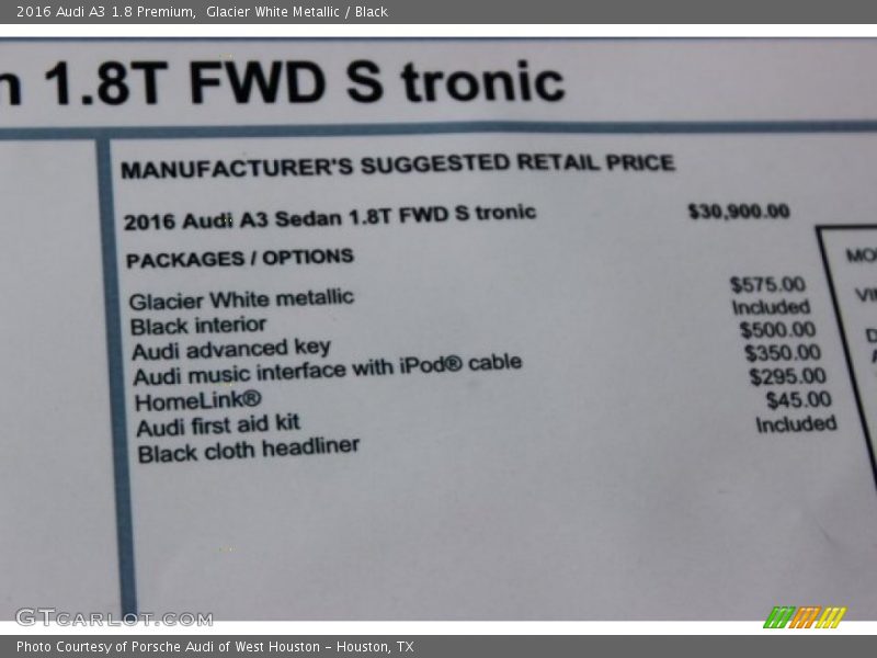 Glacier White Metallic / Black 2016 Audi A3 1.8 Premium