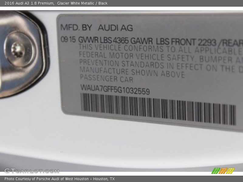 Glacier White Metallic / Black 2016 Audi A3 1.8 Premium