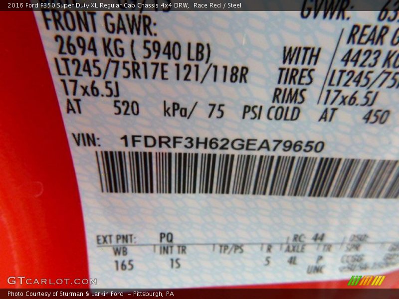 2016 F350 Super Duty XL Regular Cab Chassis 4x4 DRW Race Red Color Code PQ