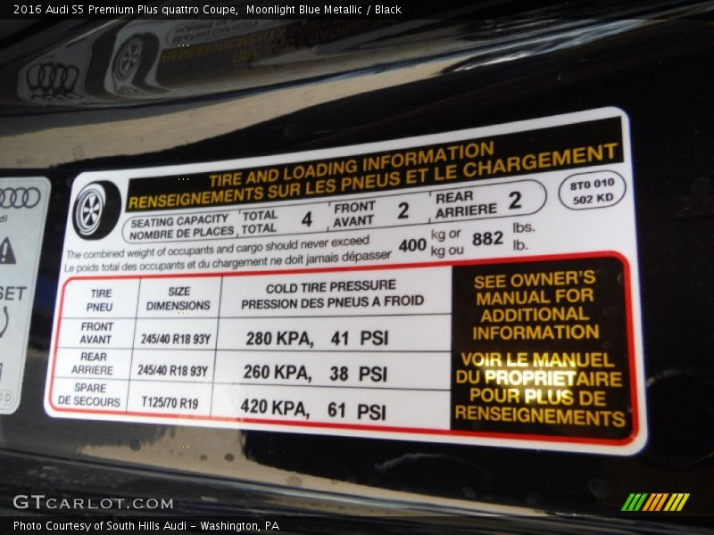 Info Tag of 2016 S5 Premium Plus quattro Coupe