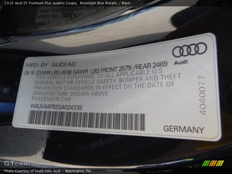 Moonlight Blue Metallic / Black 2016 Audi S5 Premium Plus quattro Coupe