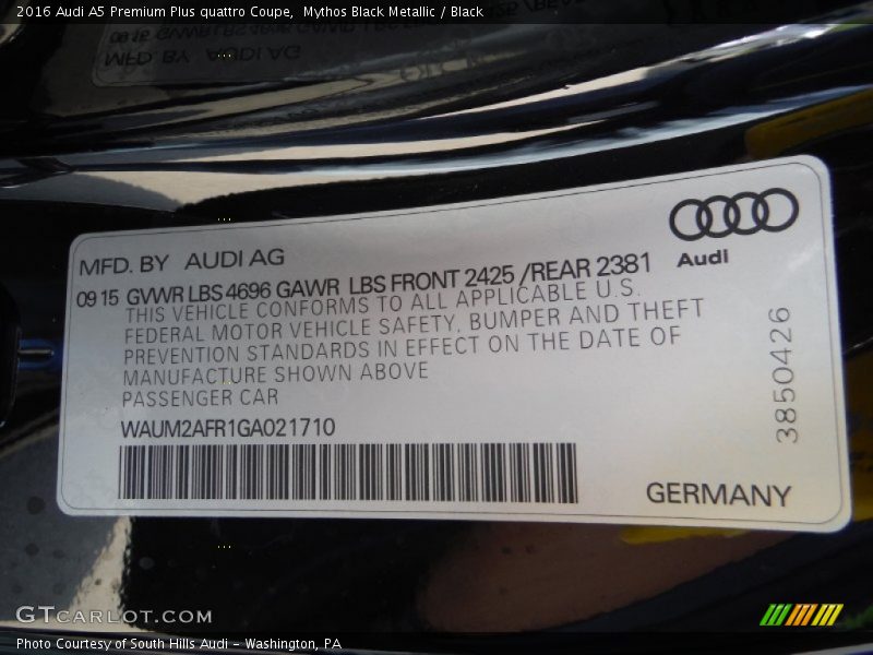 Mythos Black Metallic / Black 2016 Audi A5 Premium Plus quattro Coupe