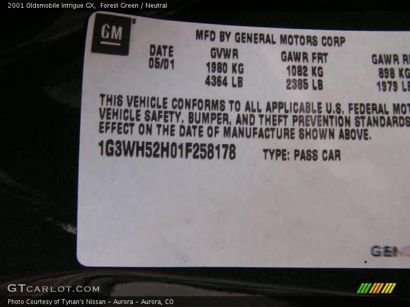 Forest Green / Neutral 2001 Oldsmobile Intrigue GX