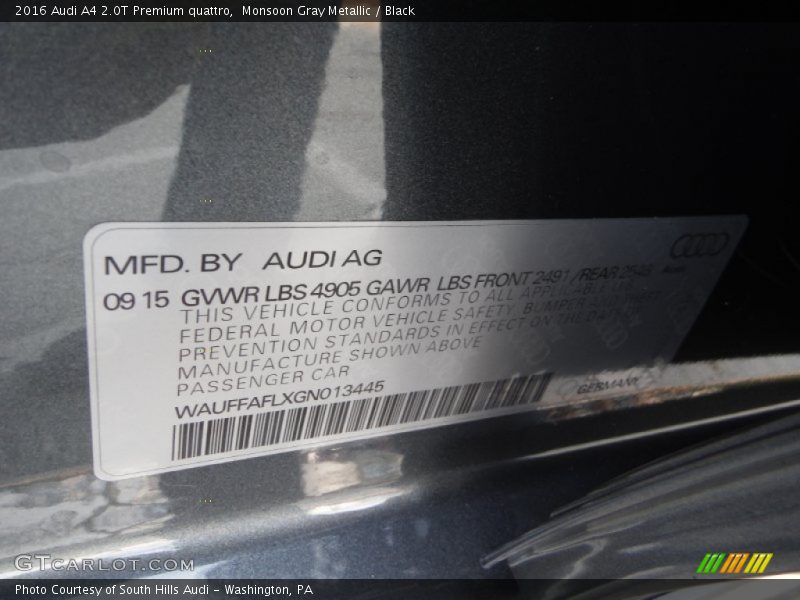 Monsoon Gray Metallic / Black 2016 Audi A4 2.0T Premium quattro