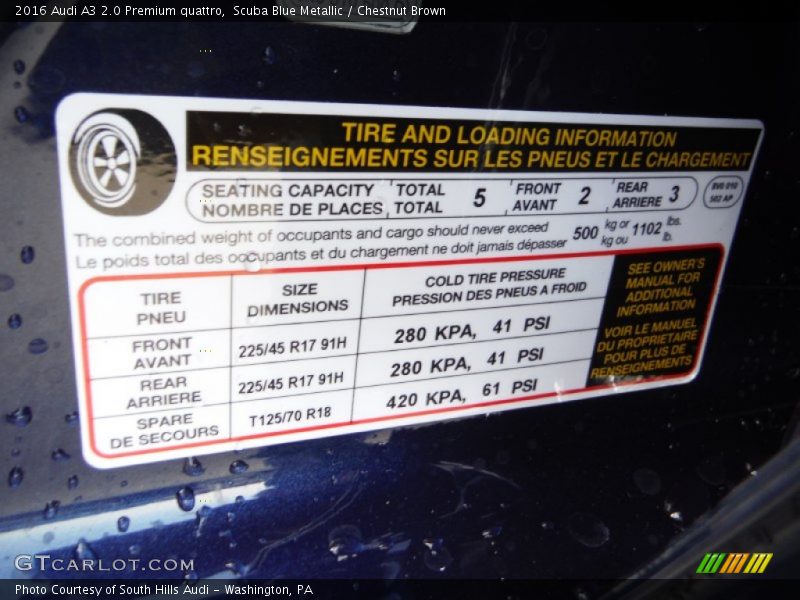 Scuba Blue Metallic / Chestnut Brown 2016 Audi A3 2.0 Premium quattro