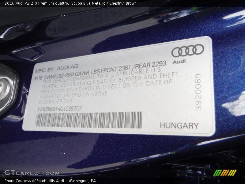 Scuba Blue Metallic / Chestnut Brown 2016 Audi A3 2.0 Premium quattro