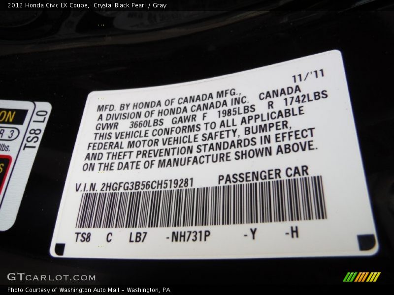 Crystal Black Pearl / Gray 2012 Honda Civic LX Coupe