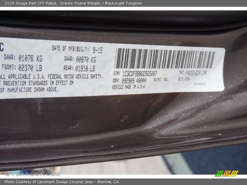 Granite Crystal Metallic / Black/Light Tungsten 2016 Dodge Dart SXT Rallye