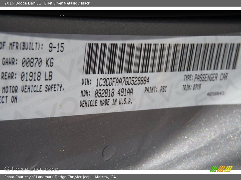 Billet Silver Metallic / Black 2016 Dodge Dart SE