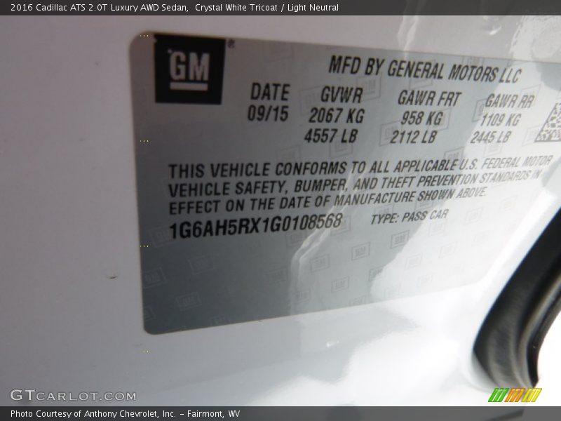 Crystal White Tricoat / Light Neutral 2016 Cadillac ATS 2.0T Luxury AWD Sedan