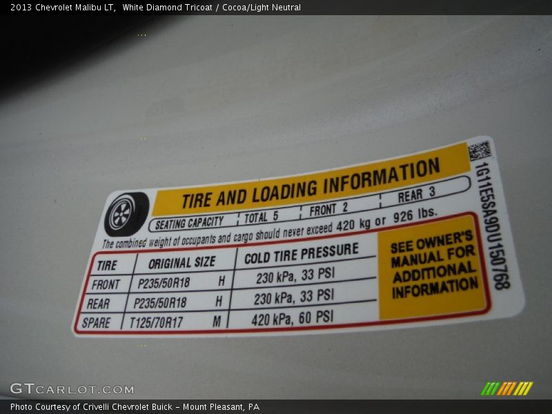 White Diamond Tricoat / Cocoa/Light Neutral 2013 Chevrolet Malibu LT