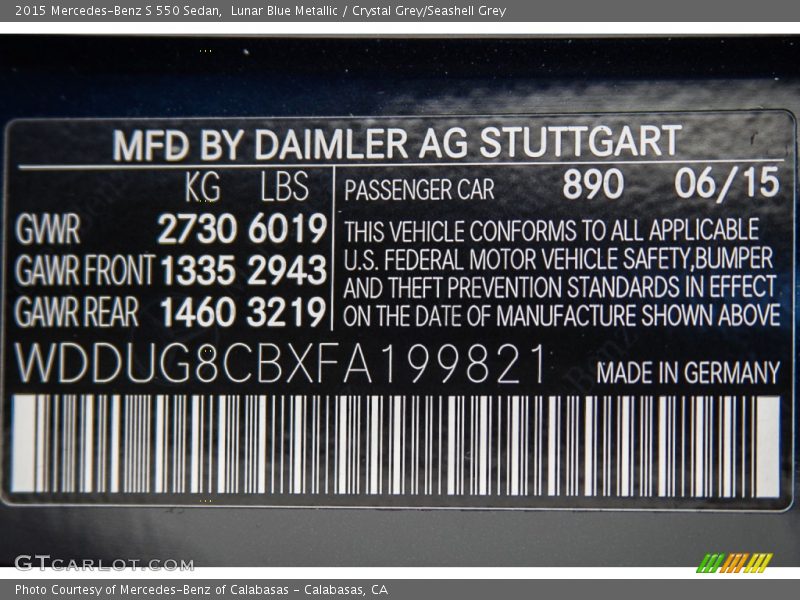 Lunar Blue Metallic / Crystal Grey/Seashell Grey 2015 Mercedes-Benz S 550 Sedan