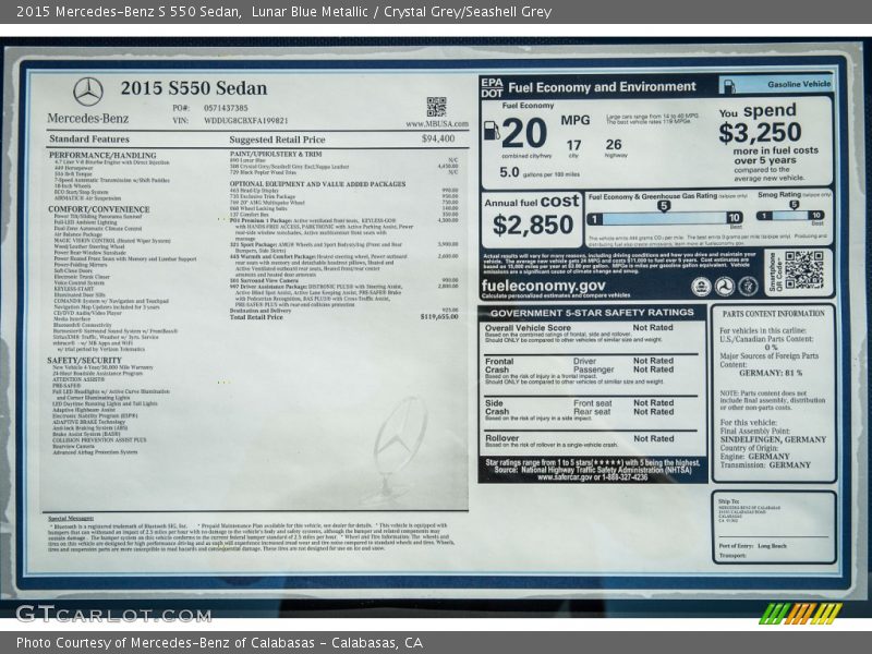 Lunar Blue Metallic / Crystal Grey/Seashell Grey 2015 Mercedes-Benz S 550 Sedan