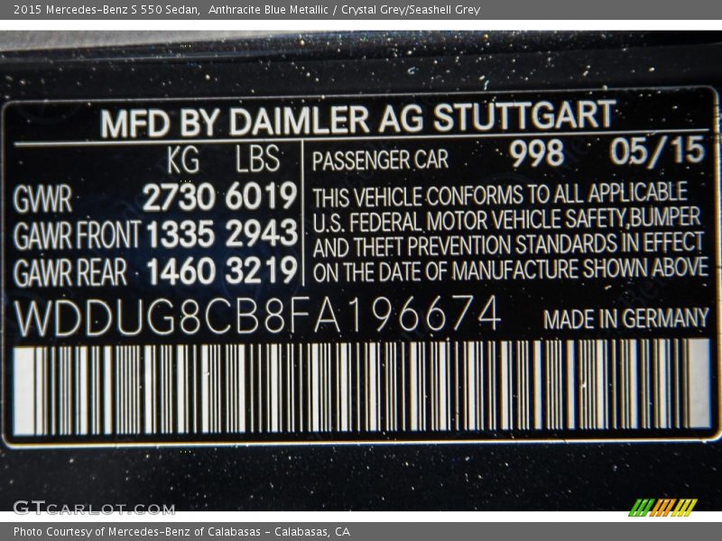 Anthracite Blue Metallic / Crystal Grey/Seashell Grey 2015 Mercedes-Benz S 550 Sedan