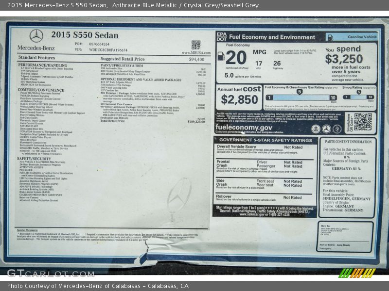 Anthracite Blue Metallic / Crystal Grey/Seashell Grey 2015 Mercedes-Benz S 550 Sedan