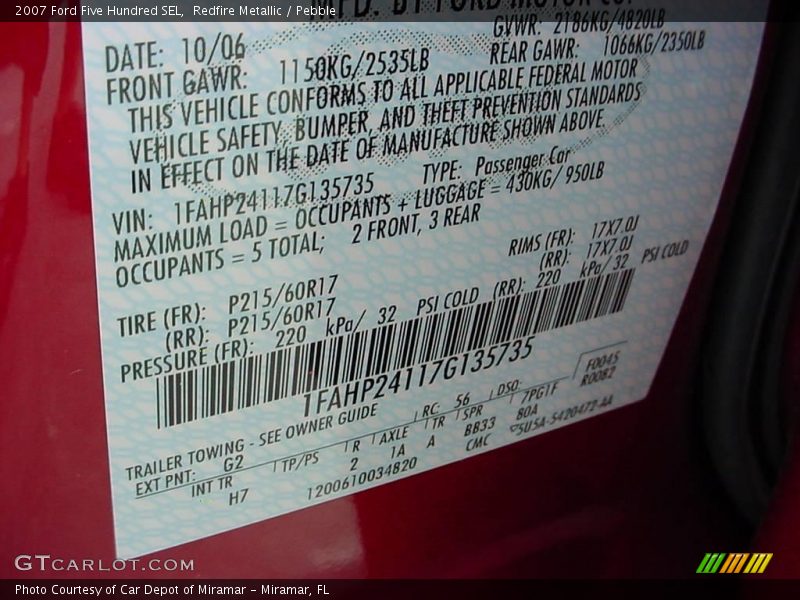Redfire Metallic / Pebble 2007 Ford Five Hundred SEL