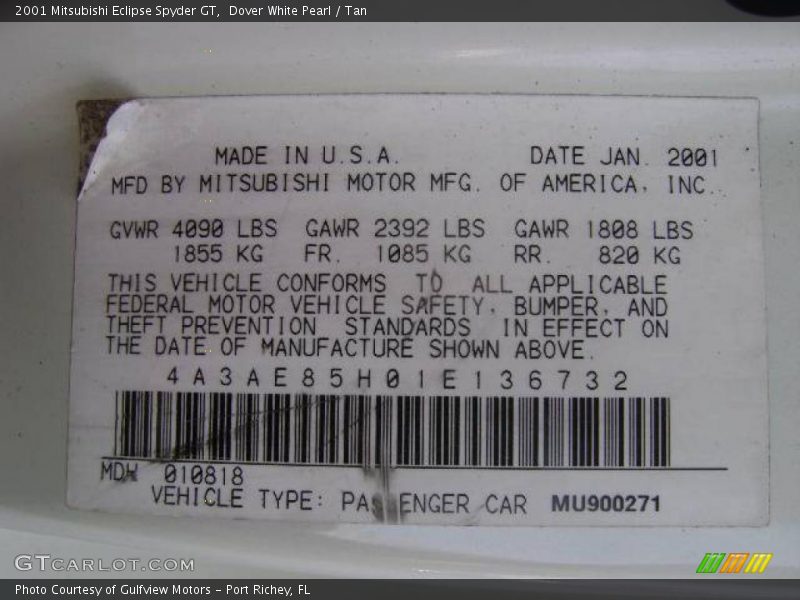 Dover White Pearl / Tan 2001 Mitsubishi Eclipse Spyder GT