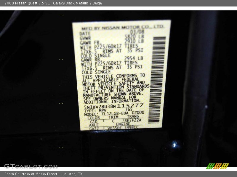 Galaxy Black Metallic / Beige 2008 Nissan Quest 3.5 SE