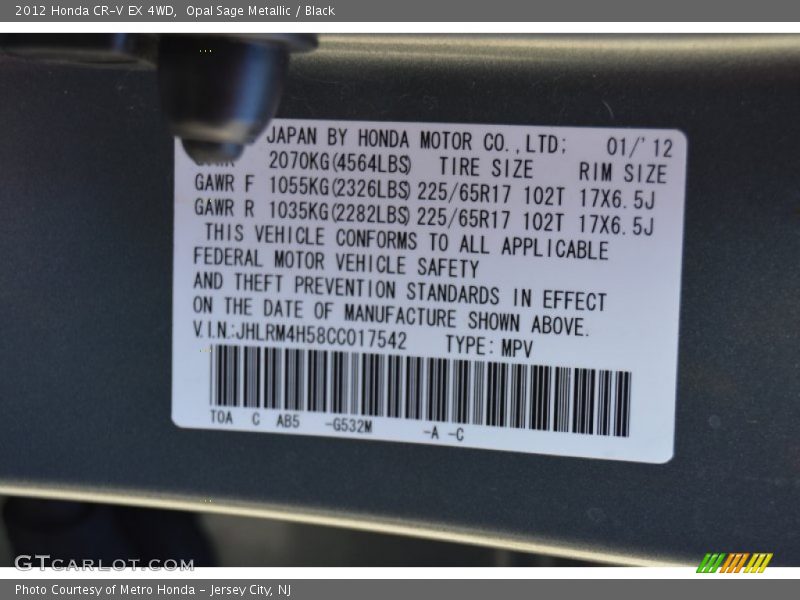Opal Sage Metallic / Black 2012 Honda CR-V EX 4WD
