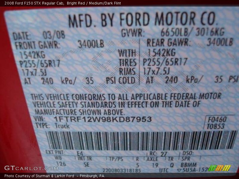 Bright Red / Medium/Dark Flint 2008 Ford F150 STX Regular Cab