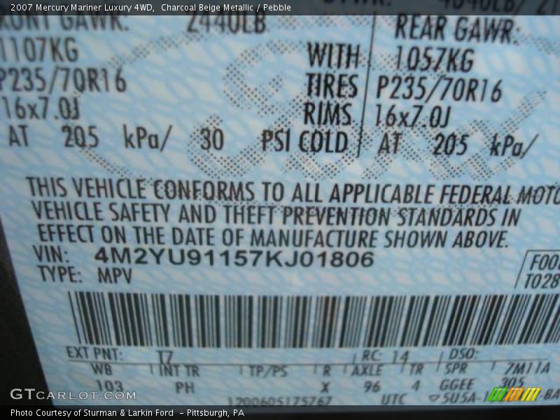 Charcoal Beige Metallic / Pebble 2007 Mercury Mariner Luxury 4WD