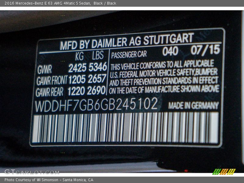 2016 E 63 AMG 4Matic S Sedan Black Color Code 040