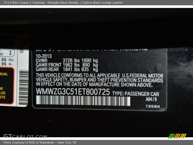 Midnight Black Metallic / Carbon Black Lounge Leather 2014 Mini Cooper S Clubman