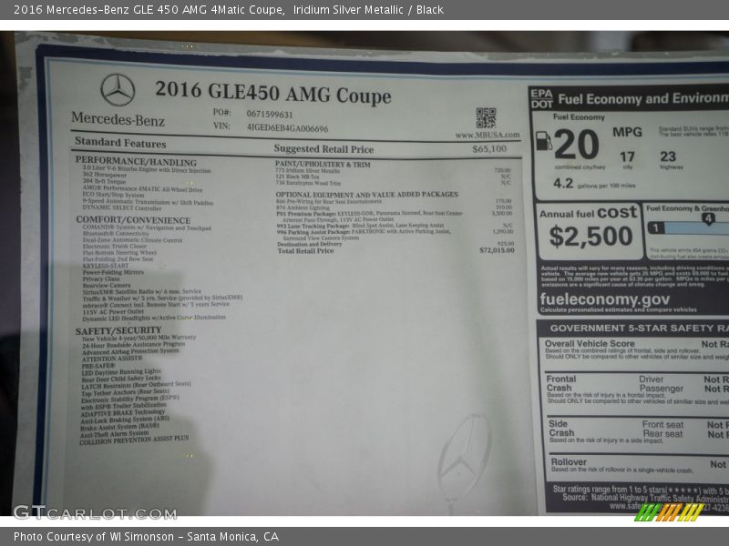  2016 GLE 450 AMG 4Matic Coupe Window Sticker