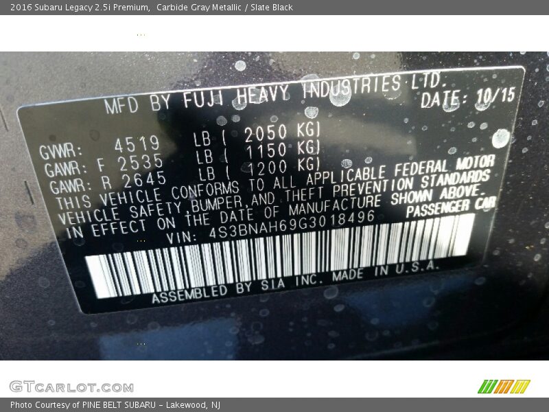 Carbide Gray Metallic / Slate Black 2016 Subaru Legacy 2.5i Premium
