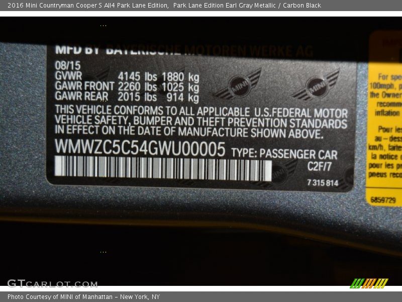 2016 Countryman Cooper S All4 Park Lane Edition Park Lane Edition Earl Gray Metallic Color Code C2F