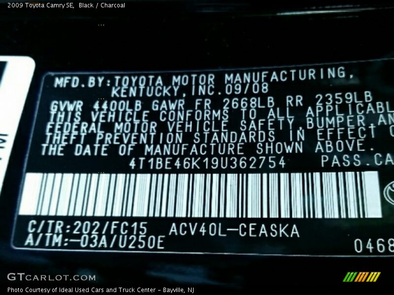 Black / Charcoal 2009 Toyota Camry SE